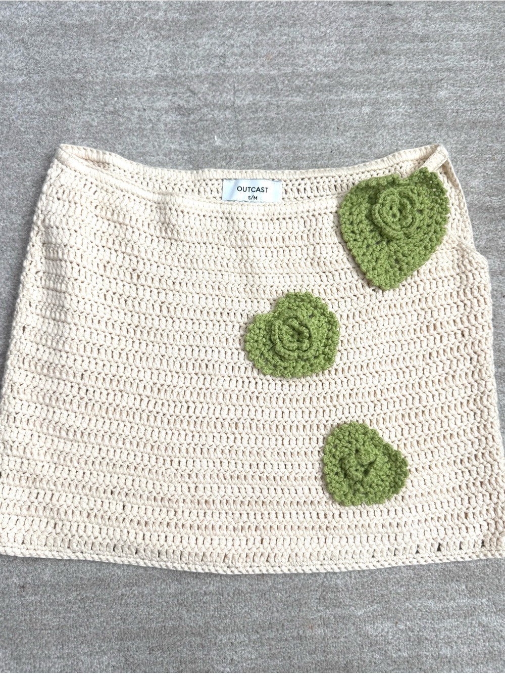 Outcast Cream Crochet Mini Skirt with Green Floral Appliqués